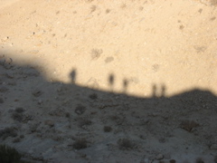Silhouettes of five of us, on a mountain. The shadow is not on a mountain.
