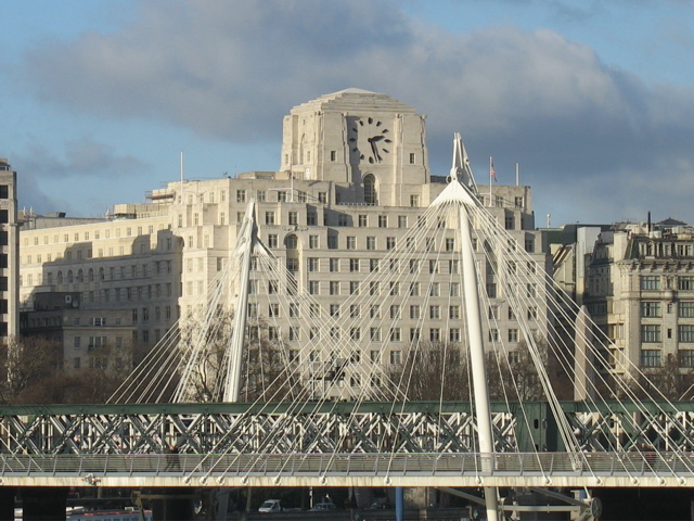 A nearby bridge and clock